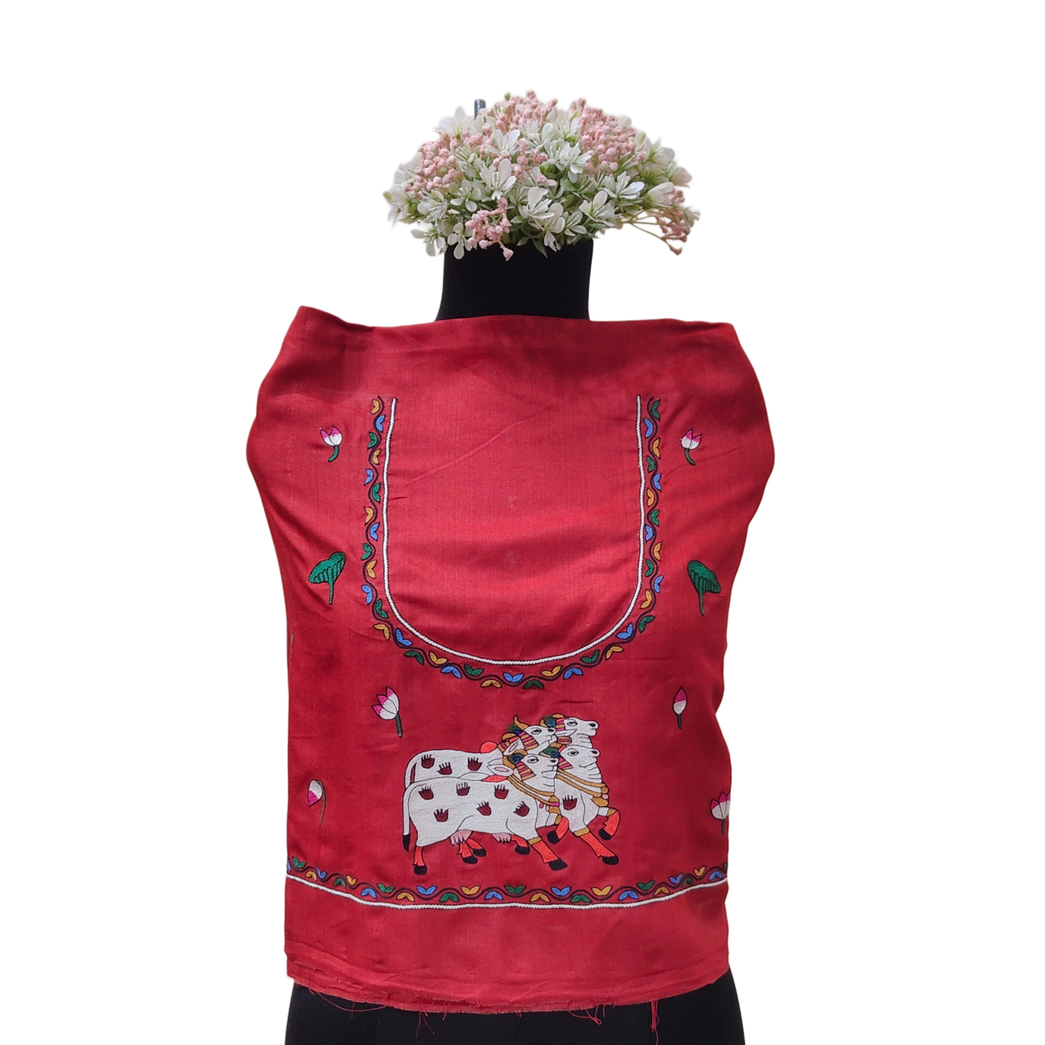 Hand-Embroidered Devotion: Folk Art Blouse Piece on Half Tussar Silk